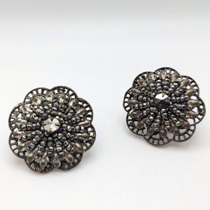 antique Miriam Haskell pewter filigree beadwork clipon earrings